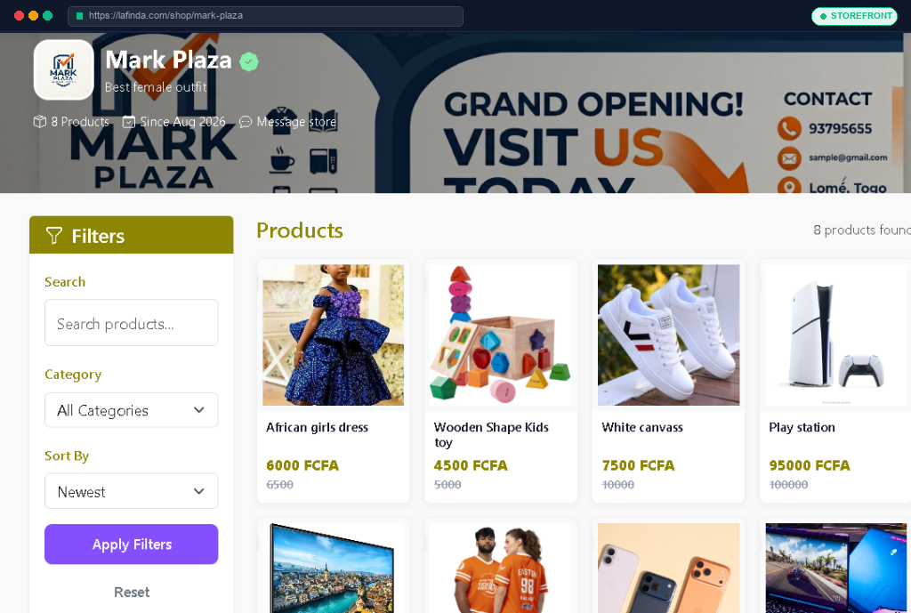 Lafinda Business Storefront showcase displaying branded banner, search filters, and product catalog grid